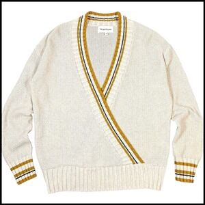 Heartloom Faux Wrap Varsity Sweater Cream Mustard Blue Knit Preppy Academia Sz M